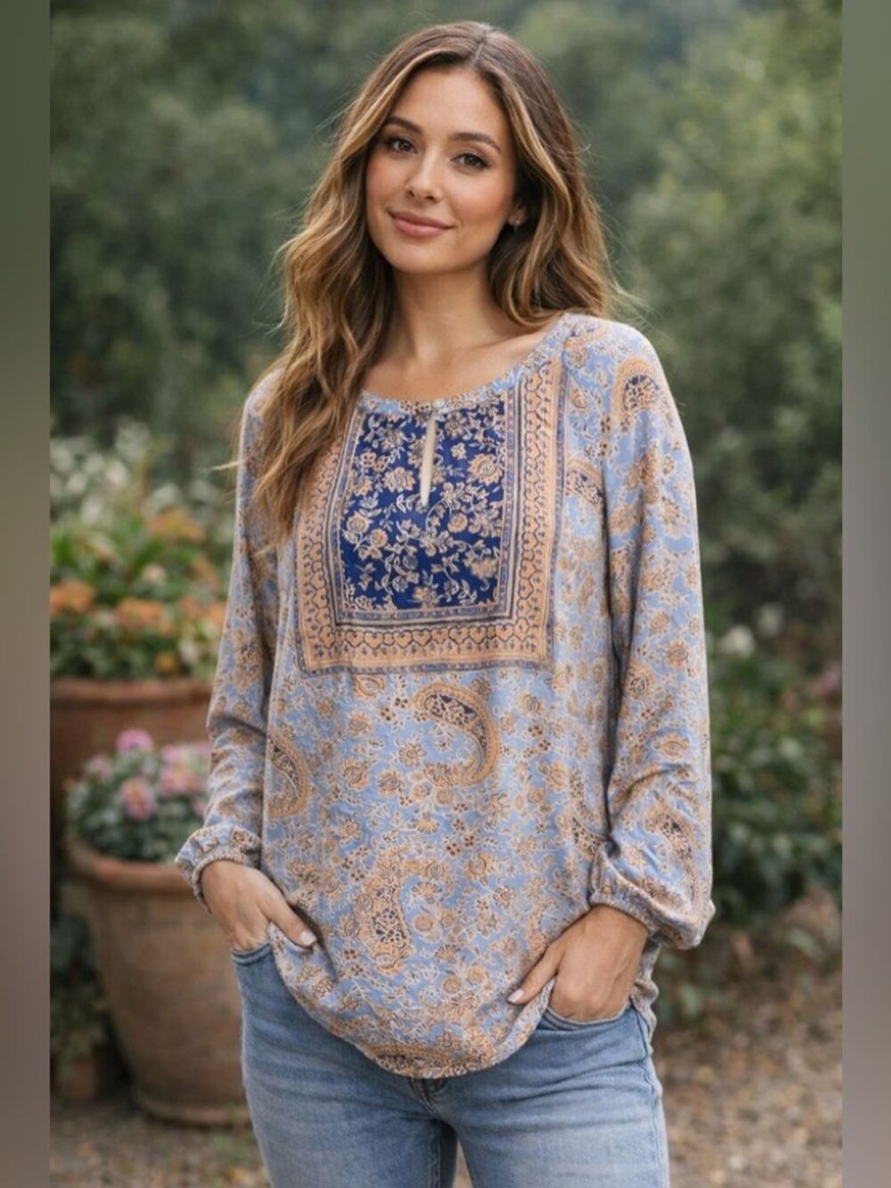 NWT J.Jill Boho Paisley Floral Blouse Blue Tan Long Sleeve Viscose Relaxed Fit L